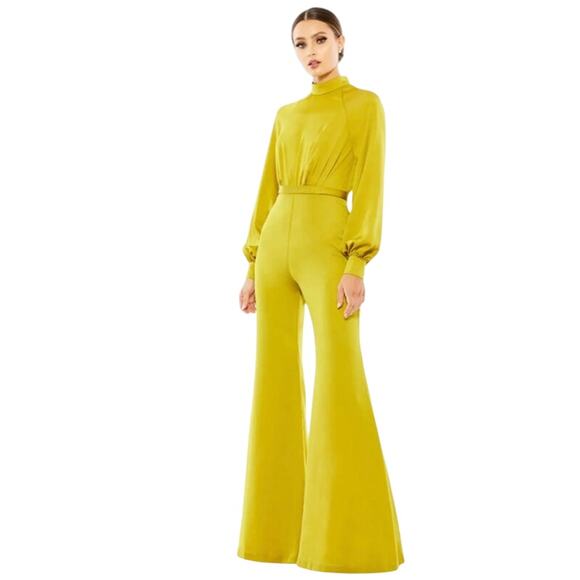 MAC DUGGAL Jumpsuit Size 2 Green Satin Raglan Long Sleeve High Neck Evening NEW - Picture 1 of 7